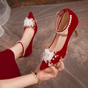 婚鞋女高跟2023年中式高级感红色新娘绑带婚纱秀禾两穿不累脚