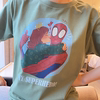 自制手绘美式复古创意蜘蛛侠卡通圆领印花宽松百搭军绿短袖T恤女