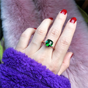 925纯银镀18K玫瑰金镶钻绿色水晶方钻宝石个性气质时尚食指戒指女
