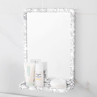 厕所浴室小镜子化妆镜挂墙自粘贴洗手间壁挂免打孔卫生间带置物架