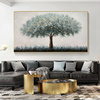 高档生命之树发财树手绘油画，绿色轻奢现代装饰画，客厅横版立体肌理