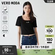 Vero Moda奥莱T恤女夏季修身甜美短款方领印花镂空气质百搭