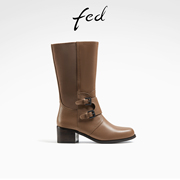 fed棕色时装靴冬季靴子粗跟中筒靴真皮瘦瘦靴女款R1128-YS006
