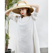 春夏五分袖中长款真丝双绉宽松动物刺绣连衣裙JHI11911白色