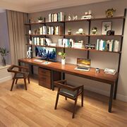 实木书桌书架书柜一体，组合双人台式电脑桌，家用卧室靠墙收纳学习桌