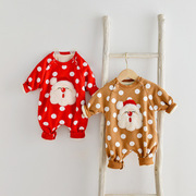 冬款韩版婴幼儿男女宝宝圆点圣诞，卡通长袖加厚加绒连体衣婴儿哈衣