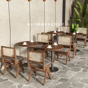 实木编藤火锅奶茶店，咖啡西餐厅卡座沙发桌椅组合双人长条卡位餐桌