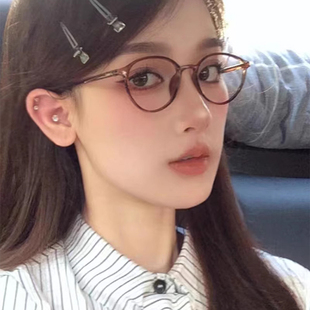 韩国超轻素颜平光镜女冷茶色，圆框小脸学生近视，眼睛配度数眼镜框男