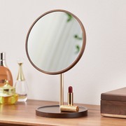 新梳妆台实木复古化妆镜黑胡桃木，卧室桌面台式圆形，支架镜子可旋促