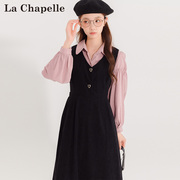 拉夏贝尔设计感黑色，吊带连衣裙女2023秋季甜美风休闲a字裙