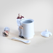 欧式创意动感可爱厨师陶瓷盐罐调味盒调味罐套装厨房三件套带盖勺