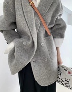 韩国东大门秋冬袖标小西装阔版双面羊毛羊绒灰色大衣女厚外套