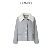 VGRASS羊毛真丝拼接毛呢大衣女冬季短款毛呢外套VSD1O43360