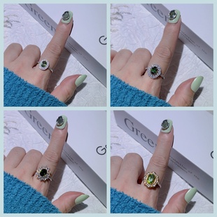 天然透辉石碧玺橄榄石戒指女款S925纯银绿色轻奢精致小众指环饰品