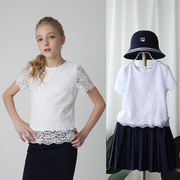 俄罗斯小 女童夏季 美貌洋气柔软白色蕾丝短袖衬衫T恤中大童