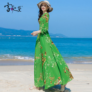 夏季绿色雪纺长袖碎花连衣裙女长款到脚踝2024年沙滩度假裙子