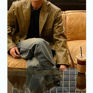 韩国男装直播MENTO高档春季轻熟设计师复古风PU皮衣西装外套