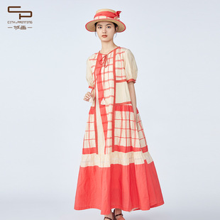 一城画一夏季新中式，格子长裙宽松大摆裙摆长款拼接连衣裙红色