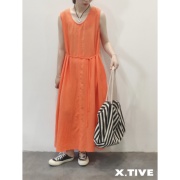 X.TIVE 韩国进口女装无袖棉麻长款系带连衣裙亮眼夏日橘色显白