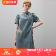 dfvc新中式国风牛仔连衣裙女2024夏季刺绣立领纯棉小个子裙子