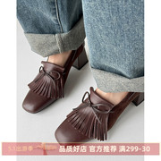 kmeizu巨软~牛皮流苏，单鞋女春季小皮鞋，5cm粗跟法式复古高跟鞋