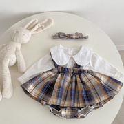 ins2023春装婴幼儿童女，格子吊带裙裤+娃娃领打底上衣2件套装