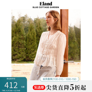 eland衣恋衬衫女v领镂空花边收腰纯棉复古风上衣年春