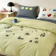 ins简约水洗棉毛巾，绣青苹果床上四件套1.5m1.8米，公寓被套床单宿舍