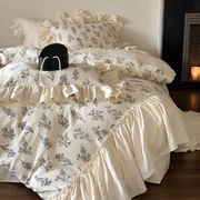 法式玫瑰复古风花束蕾丝床上四件套纯棉床单全棉皱皱双层纱布被套
