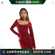 香港直邮潮奢asos女士设计长袖，圆领迷你带口袋酒红色连衣裙
