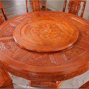 新中式实木餐桌椅组合带转盘圆桌，古典橡木桌子仿古雕花实木圆餐桌