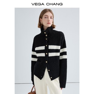 VEGA CHANG新年系列高领羊毛开衫女春秋时髦气质条纹针织衫