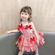 2023夏季中小女童装连衣裙红色格子宽松洋气个性无袖宝宝裙子