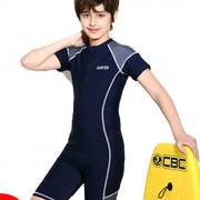 儿童泳衣连体男童青少年游泳衣平角中大童速干学生专业训练服