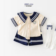 男女宝宝夏季套装新生儿海军翻领短袖儿童韩版透气短裤两件套
