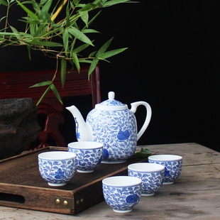陶瓷茶壶茶杯茶具套装家用1壶6杯景德镇手绘青花送礼盒红叶金品陶