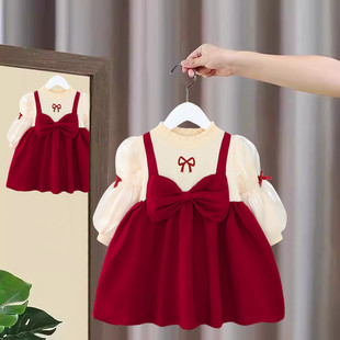 女童春装连衣裙儿童裙子小女孩公主裙童装红色婴儿周岁女宝宝礼服