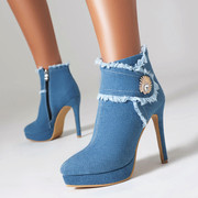 蓝色牛仔布玫红色靴子细跟高跟短靴女欧美外贸性感短筒大码鞋 GXZ