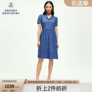 Brooks Brothers/布克兄弟女夏季简约纯色亚麻凉感收腰短袖连衣裙