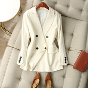 率性时髦精~BF风乳白色斜纹含羊毛面料双排扣小宽松长袖西装外套