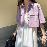 日系学生香芋紫衬衫女少女港味chic工装风纯棉口袋短款淡紫色上衣