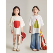 女童夏季短袖t恤2024韩范宽松大版水果印花百搭中长款上衣