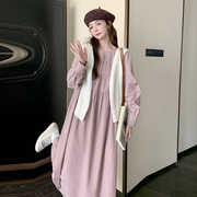 韩国粉紫色褶皱长袖连衣裙女早秋季法式温，柔风气质宽松a字娃娃裙