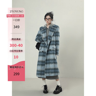 2toyoung条纹舞曲蓝色，格纹毛呢大衣女冬季中长款呢子，上衣外套