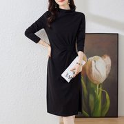针织春秋气质显瘦直筒设计长款打底纯色黑色长袖中长裙连衣裙