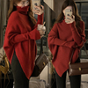 大码女装秋冬胖妹妹不规则设计感蝙蝠袖披肩式红色高领毛衣针织衫
