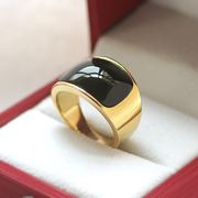 韩版黑玛瑙欧美时尚戒指男士霸气钛钢镀24K金指环宝石戒子宽扳指
