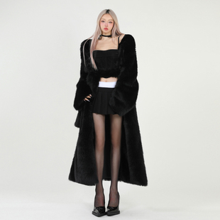 KMSK 黑色环保皮草外套女冬季长袖V领睡袍款时髦百搭超长外套