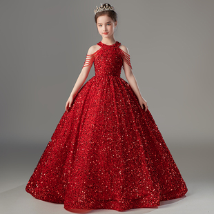 儿童礼服高端女童生日，公主裙小主持人，钢琴演出服模特走秀服装红色