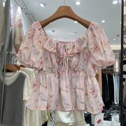 X.XIU新袖88067夏季法式方领显瘦泡泡袖小个子甜美碎花衬衣女